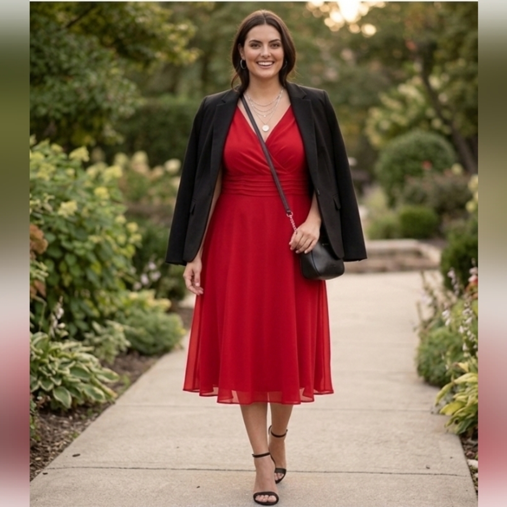 Connected Apparel Red Midi Dress 14 Valentine's Day Date Night Wedding Guest New